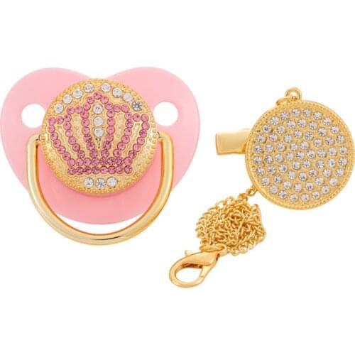 Bling Bling Pink Golden Crown Rhinestones Elegant Infant Nipple BPA Free Silicone Baby Pacifier Soft Soother Orthodontic Nipple