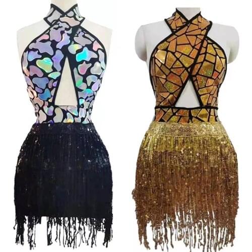 Sparkly Black Gold Rhinestone Fringe Transparent Dress Mirror Dresses Tassels Skirt Women Dancer Show Celebrate Outfit XS2608