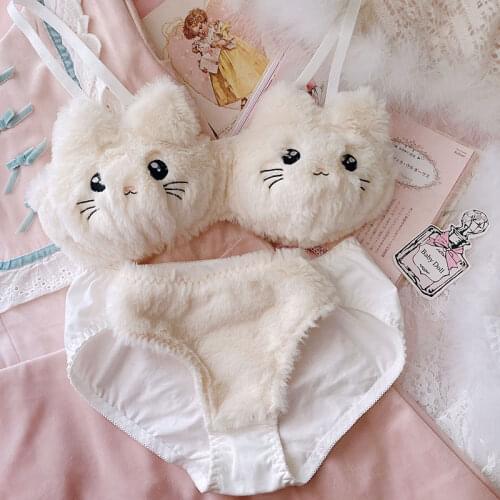 Wriufred Cute lingerie soft girl pink plush cat embroidery no steel ring gather bra set low waist pure cotton underwear cartoon