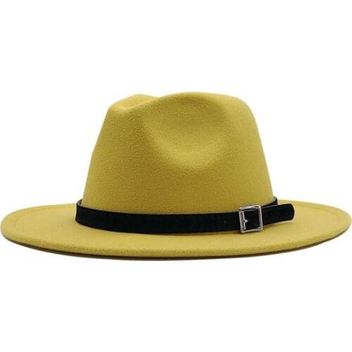 New Men Women Wide Brim Wool Felt Fedora Panama Hat with Belt Buckle Jazz Trilby Cap Party Formal Top Hat In White,black 58-60CM