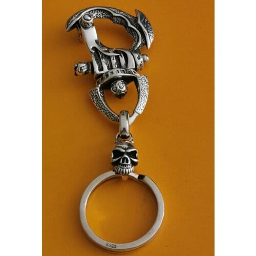 925 Sterling Silver Men Retro biker Skull clasp keyring key ring keychain A5026