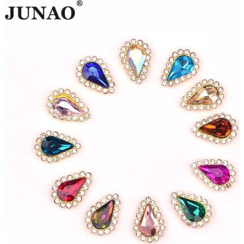 JUNAO 30pcs 8*13mm Sewing Mix Color Drop Glass Rhinestone Gold Claw Strass Sew On Crystals Stones Applique for Clothes Crafts