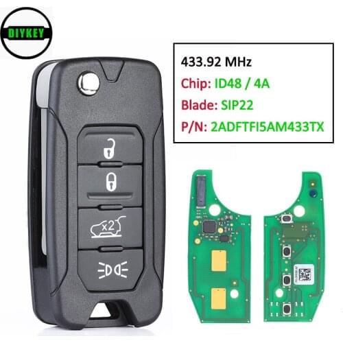 DIYKEY Flip Remote Control Key for Jeep Renegade 2016-2018 Fob 4 Button 433MHz SIP22 Blade ID48 Megamos AES / 4A 2ADFTFI5AM433TX