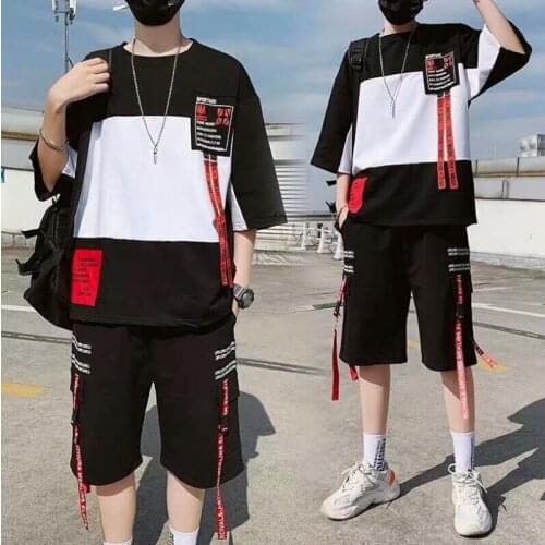 Men Casual Set 2021 Fashion 2 PCS Sweat Suit Striped Short Sleeve T-shirt Shorts Sets Male Sportswear Tracksuit Summer Sportsuit