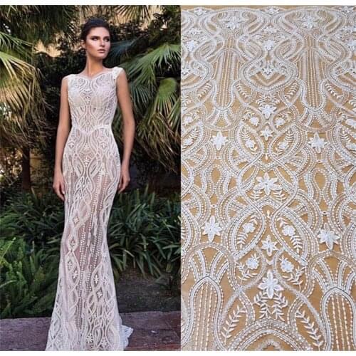 Ivory Sequined Venice Lace Fabric Embroidered Flowers Dress fabric 130CM Wide Wedding Fabric By Yard