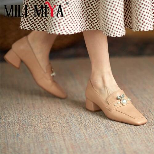 MILI-MIYA New Arrival Women Full Genuine Leather Pumps Low Thick Heels Square Toe Crystal Casual Shoes Size 34-40 For Ladies