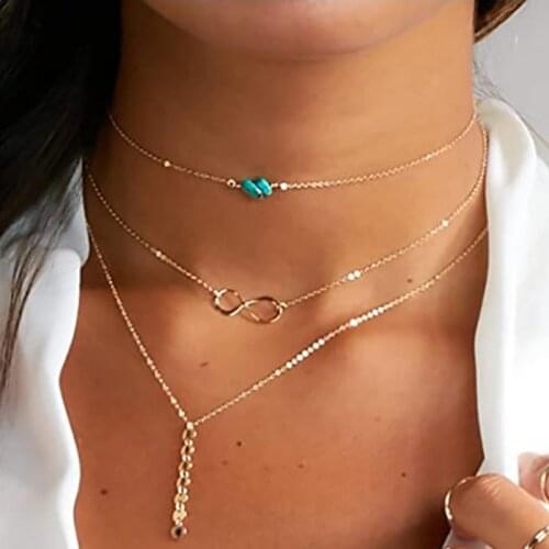 Layered Choker Necklace Chain Vertical Sequins Infinity Turquoise Pendant Necklace Jewelry for Women and Girls