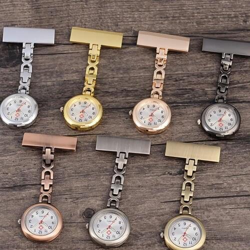 Fashion Round Dial Clip On Brooch Pendant Hanging Quartz Fob Nurse Pocket Watch Stainless Steel Lapel Pin Brooch Rose Gold Watch