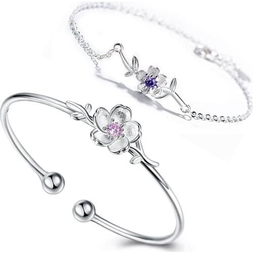 Fashion Jewelry Pink Purple Cherry Blossoms Adjustable Bracelets Crystal Flower Opening Net Red Bangles For Women Sweet Gift