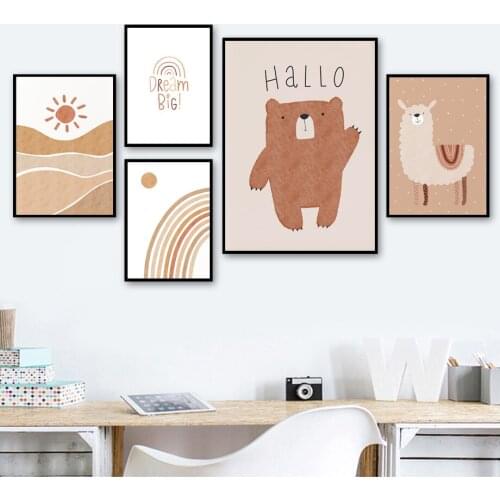 Cartoon Baby Room Decor Bear Llama Sun Rainbow Wall Art Canvas Painting Nordic Posters And Prints Decor Pictures Kids Bedroom