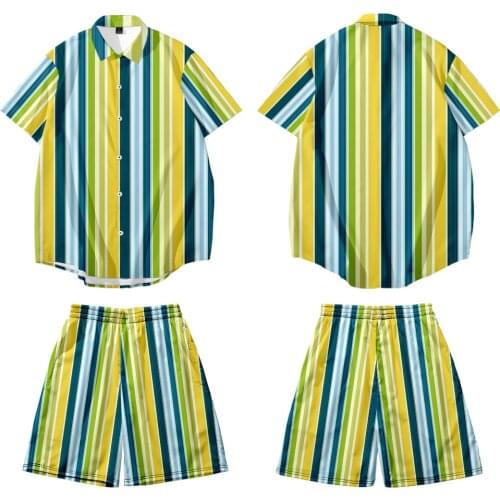 Mens Sets Hawaiian Suit Summer Striped Printed Short-sleeved Button Shirt + Beach Shorts Street Casual Mens Suits S-6XL