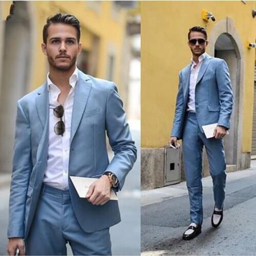 Mens Suits For Wedding Two Pieces Light Blue Spring Formal Notch Lapel Regular Fit Blazer Jackets Pants Prom Party Costumes