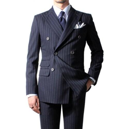 2019 Chalk Stripe Men Suit Custom Made Navy Blue Mens Striped Suit Tailored Double Breasted Men Suits With Ticket Pocket