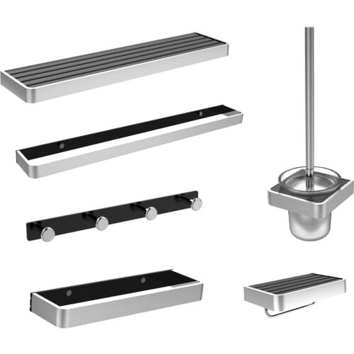 Aluminum Bathroom Accessories Sets Black Chrome Towel Bar Towel Ring Toilet Brush Holder Paper Holder Four Robe Hooks Shelves