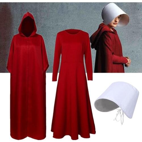 The Handmaids Tale Cosplay Costume Halloween Handmaid Offred Cloak Cape Long Sleeve Dress White Hat Women Carnival Party Props