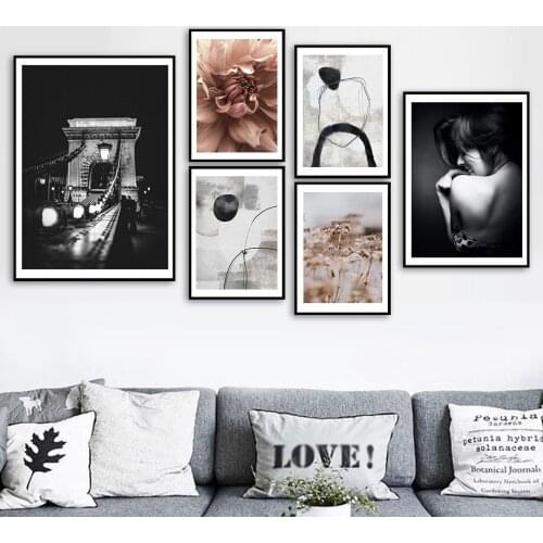 Flower Abstract Line Woman Building Bridge Reed Wall Art Canvas Painting Nordic Posters And Prints Wall Pictures For Living Room