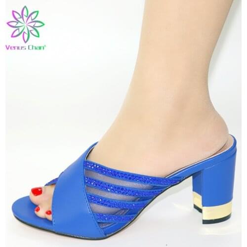 2019 New Blue Women Slipper Elegant African Women Pump Shoe for Party High Quality Italian Women Party Shoe Decorated with Stone