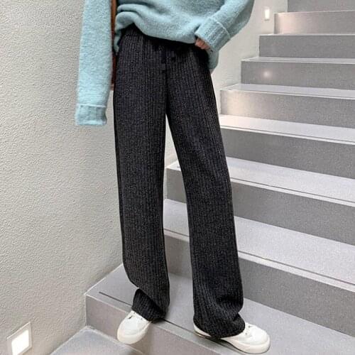 Autumn Winter Thick Drawstring Knitted Pants for Women Elastic Waist Loose Female Wide Leg Pant Sweater Long Trousers Plus Size