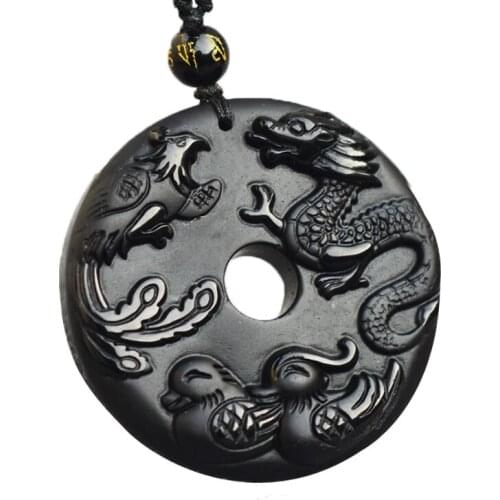 Drop Shipping Men Women Necklace Pendant Natural Obsidion Patron saint Dragon phoenix Pendant Gift for Fine Jewelry Free Chain