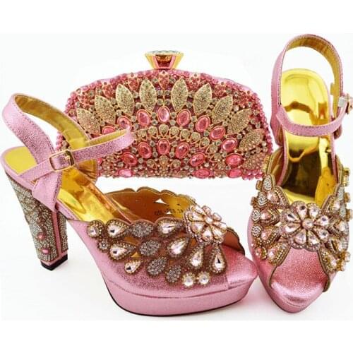 Most popular pink women pumps with big crystal and beads for dress african shoes match handbag set QSL008