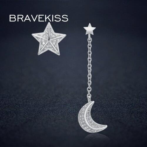 BRAVEKISS cz crystal pendant pending drop ear piercing moon star chain earrings dangle mismatched for women longos BUE0196B