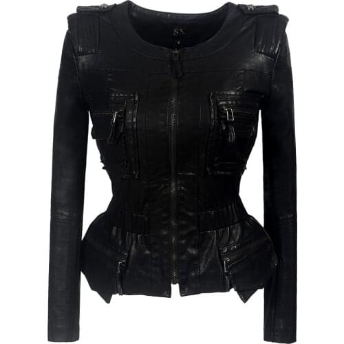 2020 NEW Autumn winter Women Slim Jacket PU Faux Leather pocket Fashion Short Coat Female Gothic falbala zipper Splicing Outwear