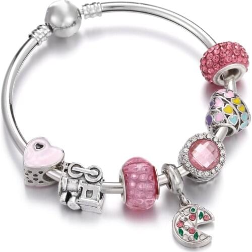 Heart Net Elephant Flower Charms Cute Pink Crystal Beads Bracelet For Women Pendant Bracelets Bangles Romantic Jewelry Girl Gift