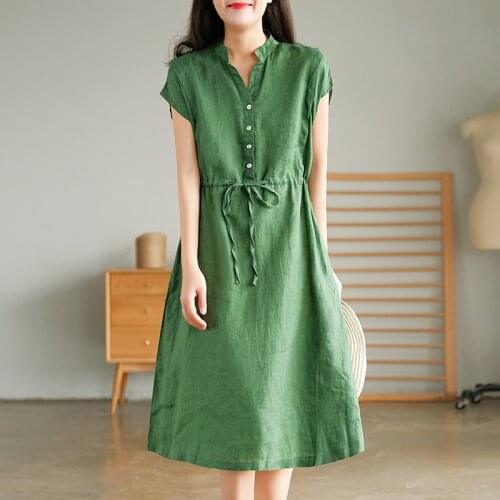 Johnature Women Linen Dress V-Neck Short Sleeve Belt Drawstring Clothing 2021 Summer New Button Solid Color Korean Style Dresses