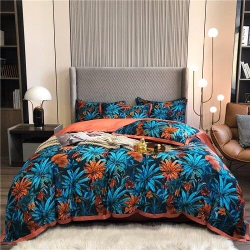 1000TCEgyptian Cotton Colorful Boho Blooming Flowers Tropical Island Leaves Bedding Set 1Bed sheet 2Pillow Shams Queen King size