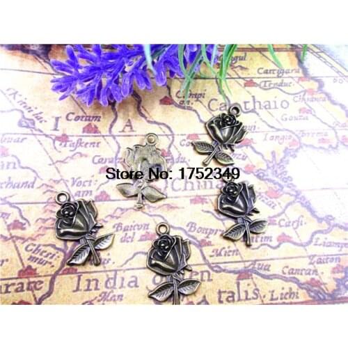 15pcs--Rose Charms, Antique Bronze Vintage Rose Flowers With Leaves charms pendants 25x17mm
