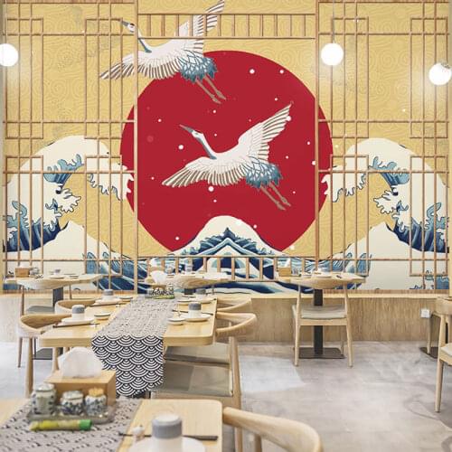 3D retro crane Japanese Decoration Self Adhesive Wallpaper tatami background wave floating world painting mural papel DE parede