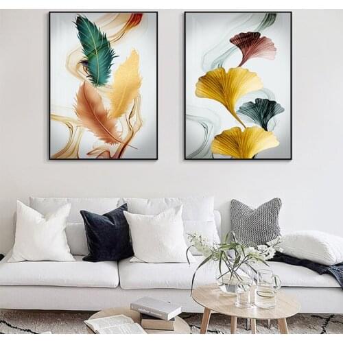 Abstract Green Orange Yellow Feather Canvas Art Prints Modern Wall Pictures for Living Room Aisle Nordic Ginkgo Biloba Posters