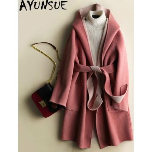 AYUNSUE Long Wool Coat Women 2020 Korean Style Autumn Winter Female Jacket Womens Alpaca Cashmere Coats Hooded Outerwear 890765