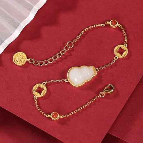 Pure S925 Silver Bracelet Women White Jadeite Gourd Coin Bracelet Fashion Bracelet