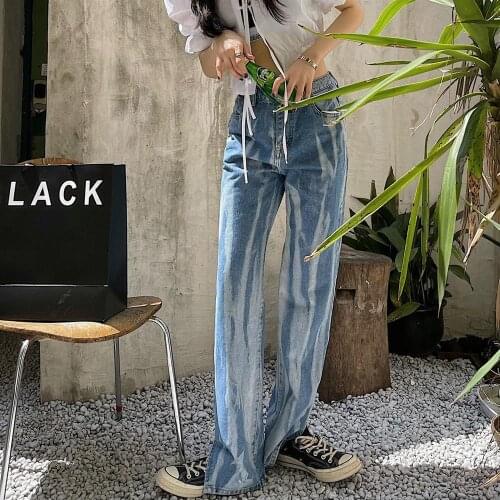 Large Size Slit Striped Denim Straight-leg Pants Women Loose 2021 New High-waisted Thin Gradient Mopping Pant Vintage Mom Jeans