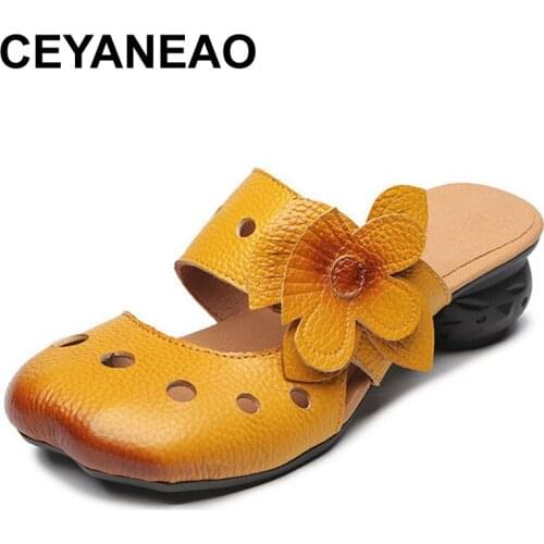 CEYANEAO 2020Women Summer Beach Fashion Pumps Flats Closed Toe Square Heels High Quality Roman Comfort Slippers Women