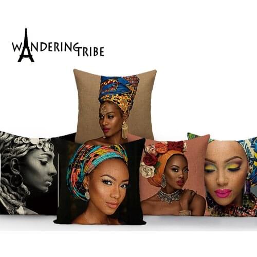 Retro Cushion Cover African Woman Living Room Pillows Case Linen Sofa Cushions Covers Colorful Home Pillows Cases Funda Cojin