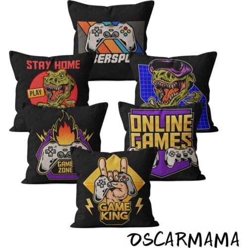 Black Gamers Dinosaur Boy Man Soft Linen Cushion Cover 45*45 Toss Throw Pillow Case 40*40 Home Living Room Terrace Decoration