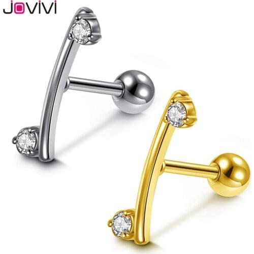 JOVIVI Stainless Steel Women Stud Earrings Cubic Zirconia Round Barbell Tragus Cartilage Helix Ear Studs Piercing Jewelry 16Ga