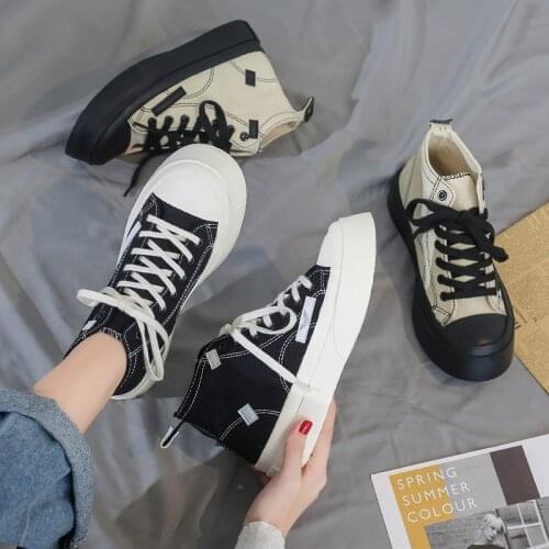 High-top Thick-soled Lace-Up Casual Canvas Fashion Shoes Woman Students All-match Retro Black Height Increasing Sneakers Women