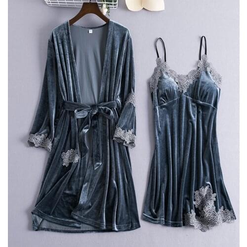 2pcs Nightgown Sleep Set Gray Womens Velour Sleepwear Robe Kimono V-Neck Pijamas Softy Gown Sleepshirt Pajamas Suit Homewear