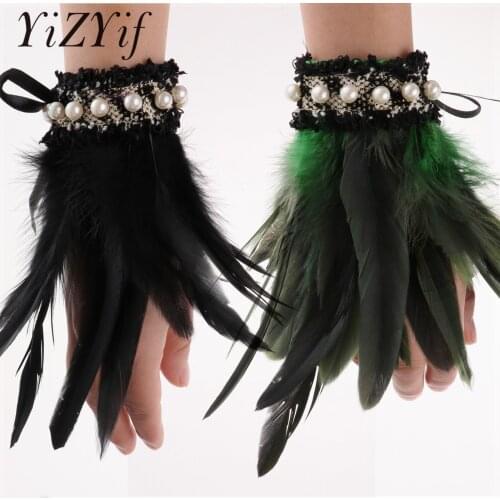 Lace Pearls Feather Wrist Cuffs Real Natural Dyed Rooster Feather Wrist Cuffs for Gothic Stylish Cosplay Costume Party Halloween