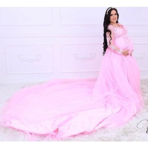 Pretty Pink Tulle Lace Appliques Maternity Gowns With Long Train Charming V-neck Full Sleeves Mesh Bridal Dresses To Photo Shoot