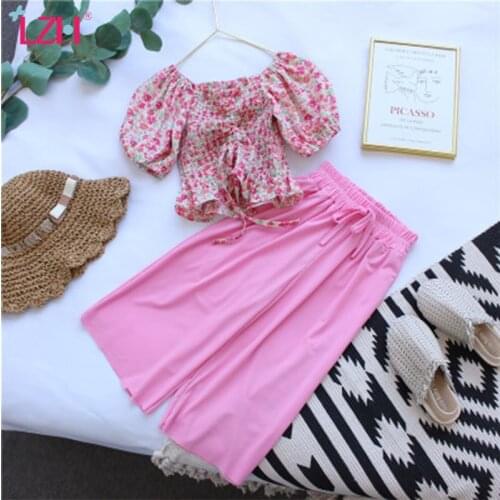 LZH 2021 Summer Girls Suit Creased Floral Chiffon Shirt Puff Sleeve Children Clothes Girls Sets Ice Silk Wide-Leg Pant 2Pcs Set