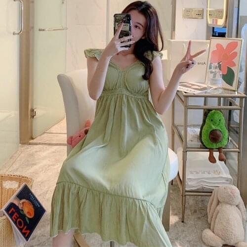 Summer New Nightdress Ladies Yellow Vest Night Dress Women Sweet Sexy Sleepwear Cotton Nightgowns Chest Pad Loose Nightshirt