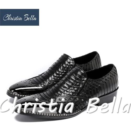 Christia Bella Fashion Embossed Leather Men Dress Shoes Rivet Slip On Slippers Luxury Elegant Round Toe Black Causal Loafers