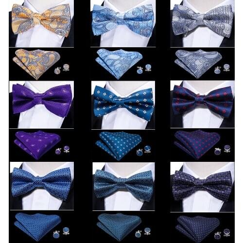Barry.Wang New Paisley Navy Bowtie For Men Silk Butterfly Handky Cufflinks Set Business Wedding Red Green Blue Pre-tied Neckties