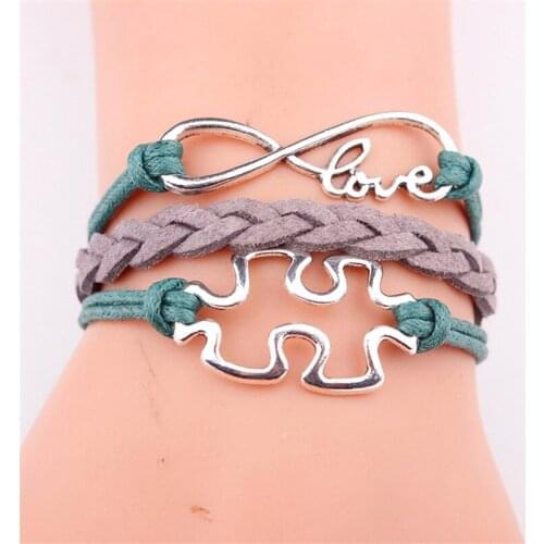 One Color Tibet Infinity Puzzle Pieces Autism Awareness Bracelet Handmade Leather Bracelet Combined Jewelry as Gift