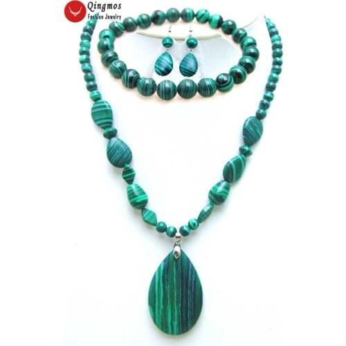 Qingmos Natural Agates Jewelry Set for Women with 30*40mm Drop Green Stripe Agates Pendant Necklace & Bracelet & Earring Ne5686