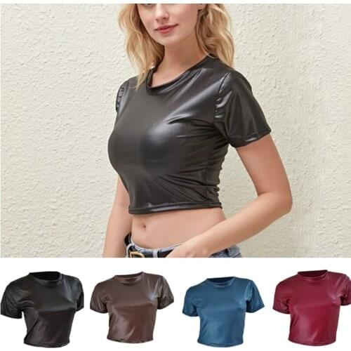 Casual PU Leather Soild T-Shirt Femme Sexy Punk Ladies Streetwear Crop Top Chic Clubwear Bodycon Black Skinny Camis Summer 2021